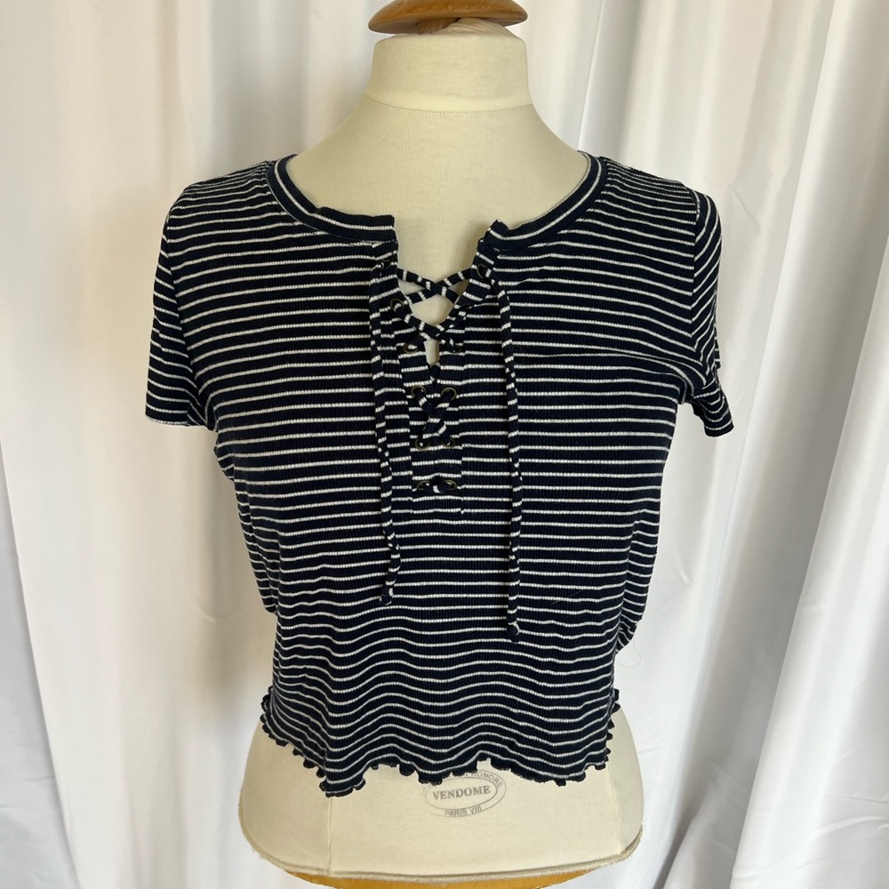 Hollister Striped Navy Blue and White Lace-Up Top size Medium